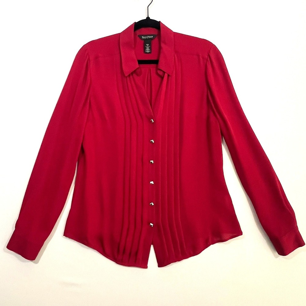 White House Black Market Silk Blouse Pintuck Pleat Stud Button Red Womens 10